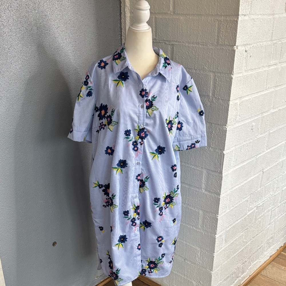 Indication Embroidered Striped Cotton Button Down Short Sleeve Shirt Dress